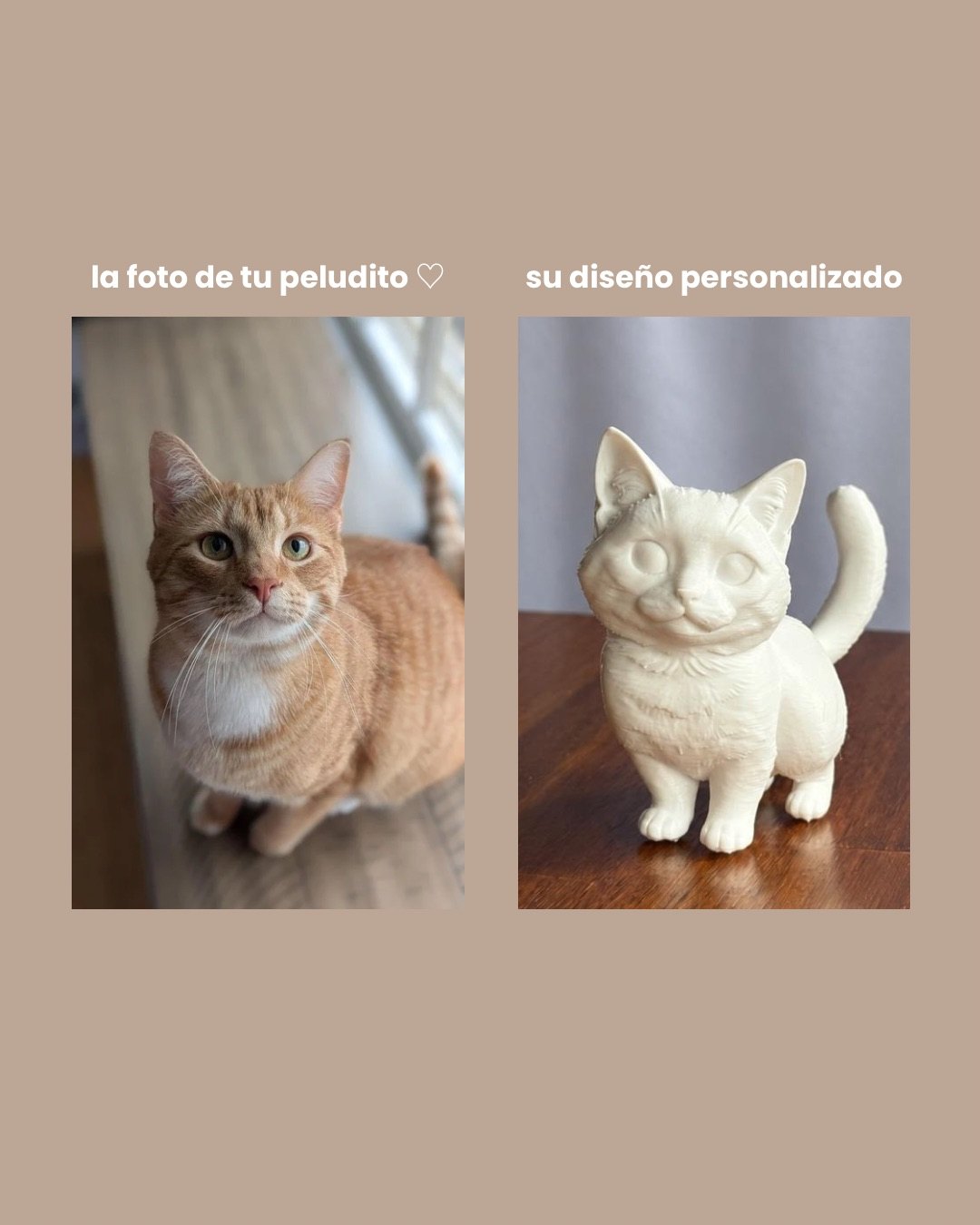 Comparación completa: foto de un gato naranja a la izquierda y su figura blanca personalizada a la derecha